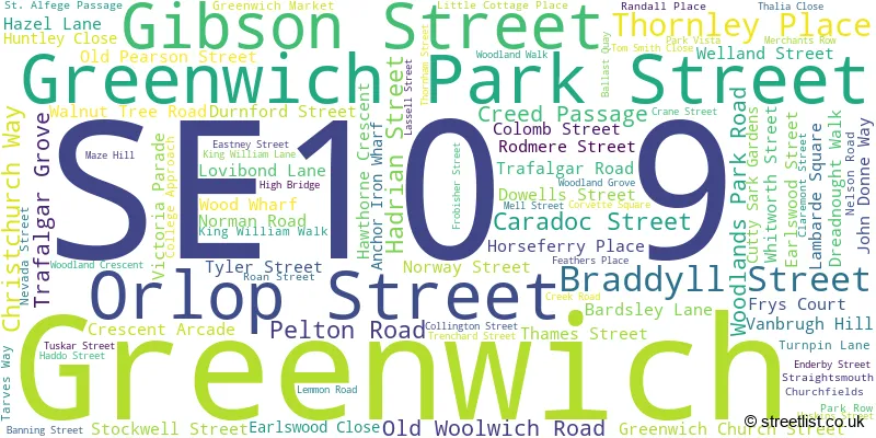A word cloud for the SE10 9 postcode